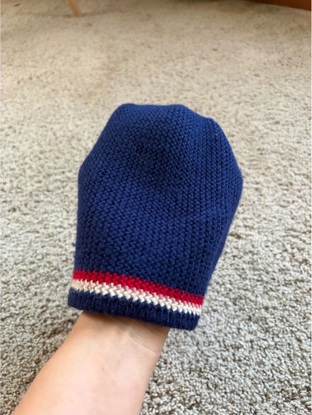 navy blue knit beanie ski hat red white stripes ribbed hem wool vintage 60s/70s